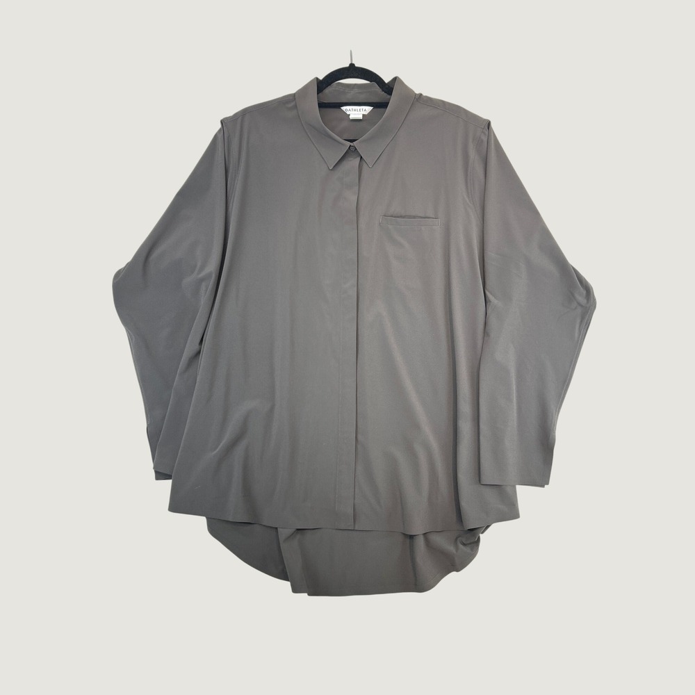 Athleta‎ Urbanite Top 2.0 Women 2X Plus Gray LS Button Up Vented Stretch Shirt